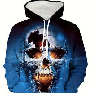 NEW Halloween Series Skull Print Hoodie, Cool Hoodies Unisex, XXL-Blue
